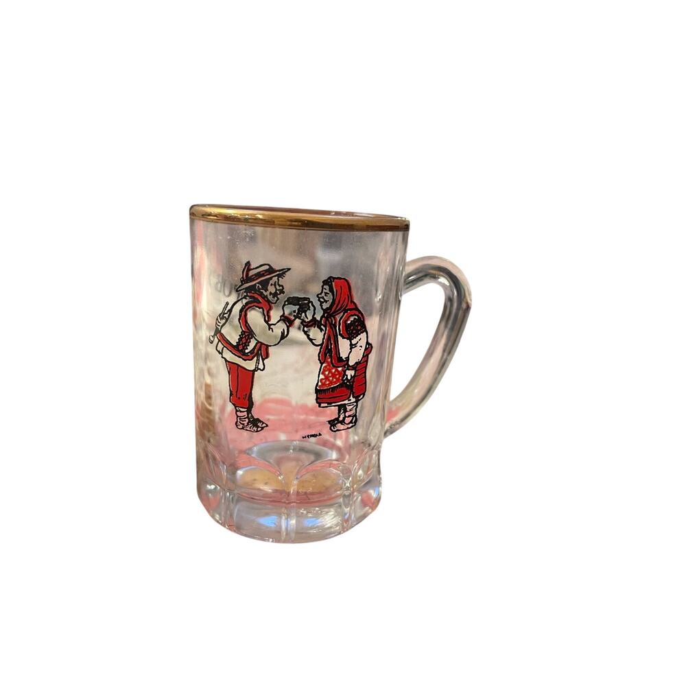 Vintage Bulgarian Glass Beer Mug Folk Couple Na Zdravya Gold Rim Souvenir